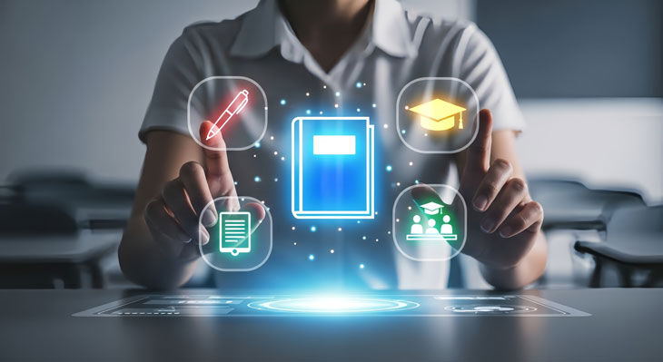 Mann interagiert mit digitalen Bildungsikonen auf einer futuristischen Benutzeroberfl&auml;che