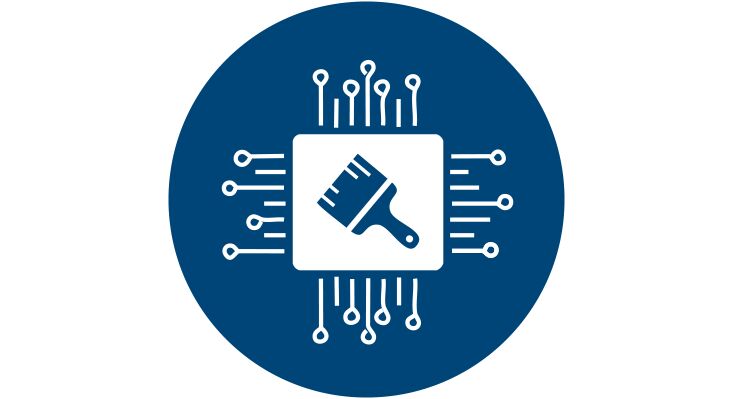 Icon des Projekts DigiMal: Ein vernetzter Malerpinsel auf blauem Hintergrund 