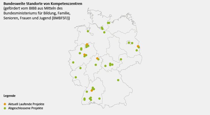 Landkarte mit bundesweiten Standorten der Kompetenzzentren