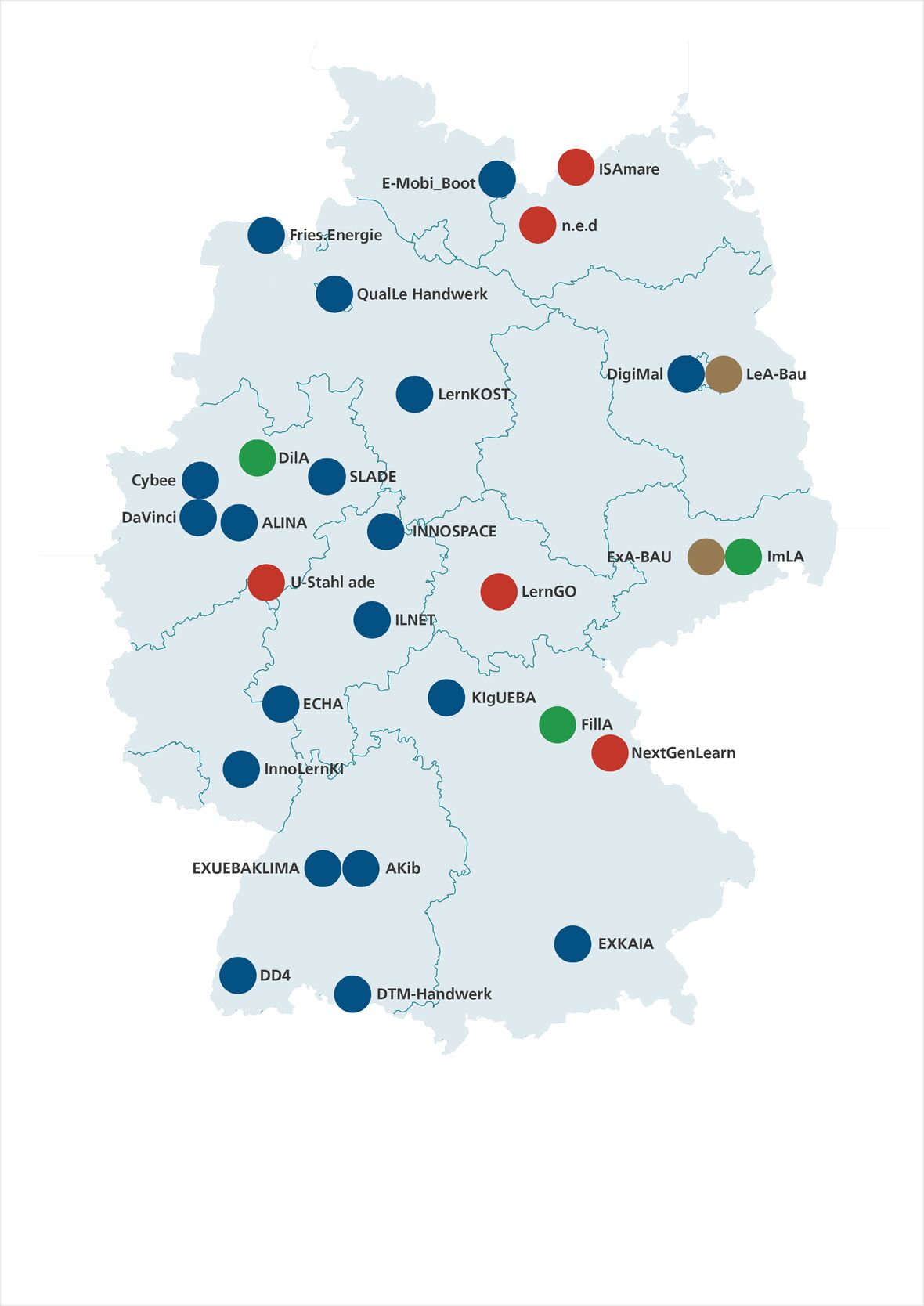 Standorte der INex-&Uuml;BA Projekte auf einer Deutschlandkarte