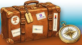Reisekoffer und Kompass mit Logos der beteiligten Projekte