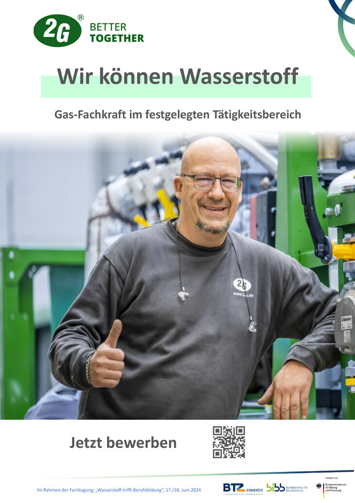 Auf dem Poster ist ein Mann, der lächelnd den Daumen hochhält. Über Ihm steht "Wir können Wasserstoff - Gas-Fachkraft im festgelegten Tätigkeitsbereich"