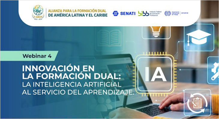 Webinar-Ank&uuml;ndigung mit dem Titel 'INNOVACI&Oacute;N EN LA FORMACI&Oacute;N DUAL: LA INTELIGENCIA ARTIFICIAL AL SERVICIO DEL APRENDIZAJE' und einem gro&szlig;en 'IA' auf einem Bildschirm