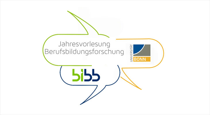 Drei Sprechblasen mit den Texten 'Jahresvorlesung Berufsbildungsforschung', 'bibb' und dem Logo der Universit&auml;t Bonn