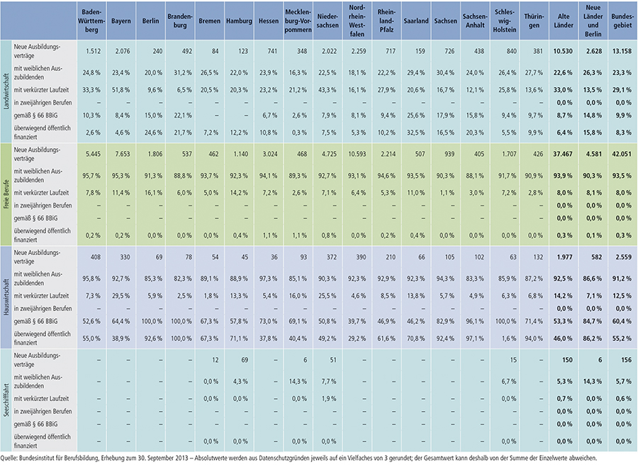 Tabelle A1.2-4: Neu abgeschlossene Ausbildungsverträge 2013 nach strukturellen Merkmalen (Anteil in %) (Teil 2 – Fortsetzung)