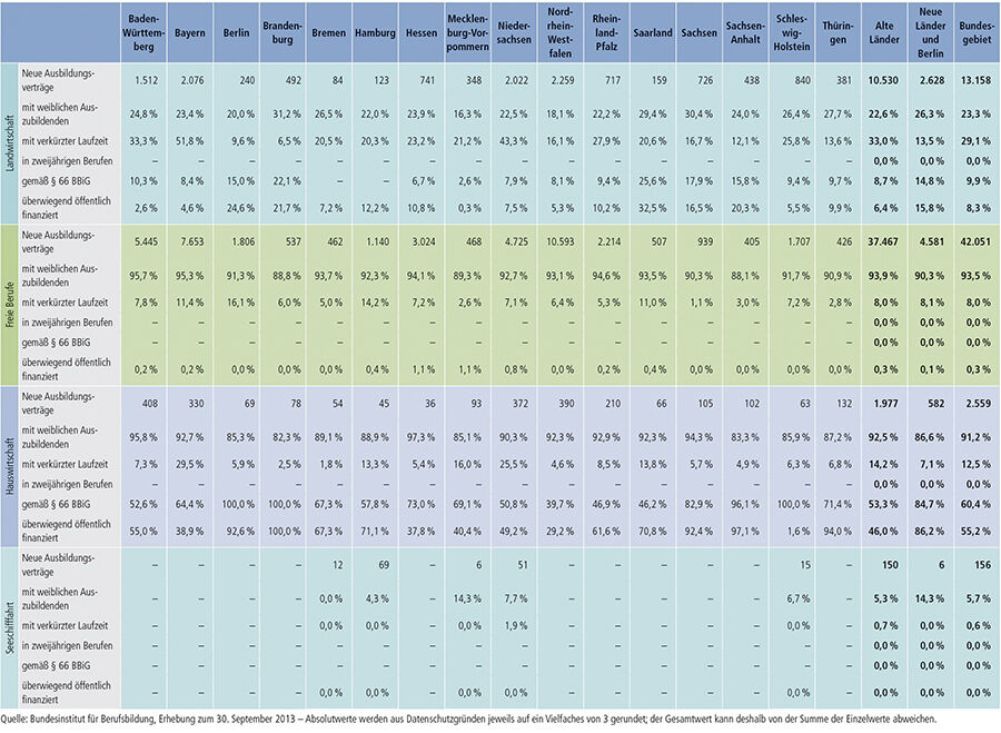 Tabelle A1.2-4: Neu abgeschlossene Ausbildungsverträge 2013 nach strukturellen Merkmalen (Anteil in %) (Teil 2 – Fortsetzung)