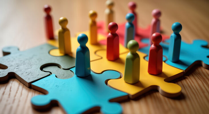 Farbige Spielfiguren stehen auf Puzzleteilen
