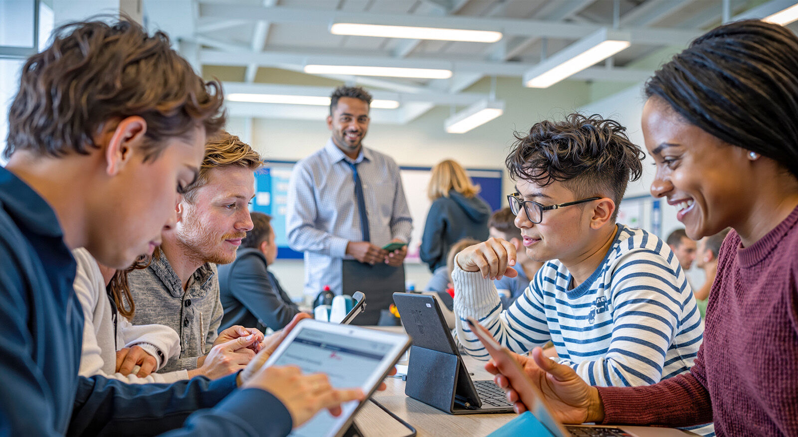 Gruppe junger Menschen sitzt an einem Tisch und arbeitet mit Tablets und Laptops