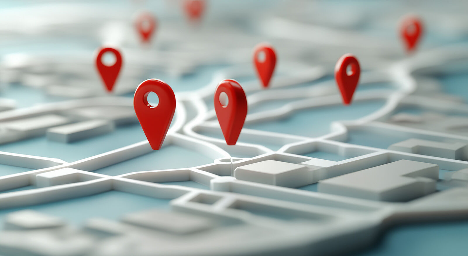 3D-Stadtplan mit mehreren roten Standortmarkierungen