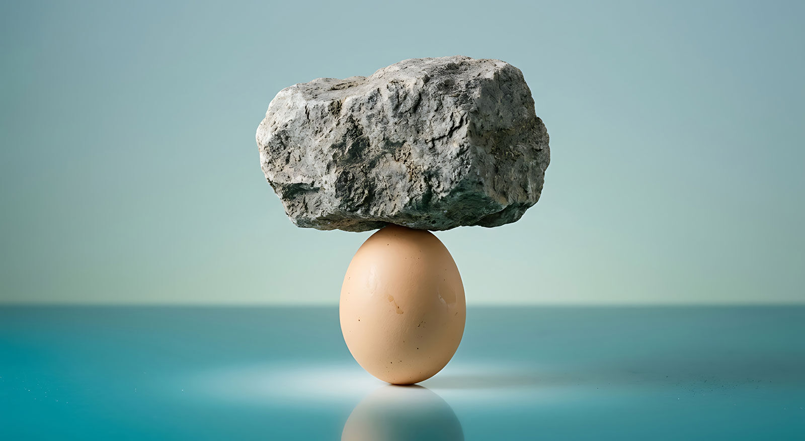 Ein gro&szlig;er Stein balanciert auf einem Ei, das auf einer glatten Oberfl&auml;che steht