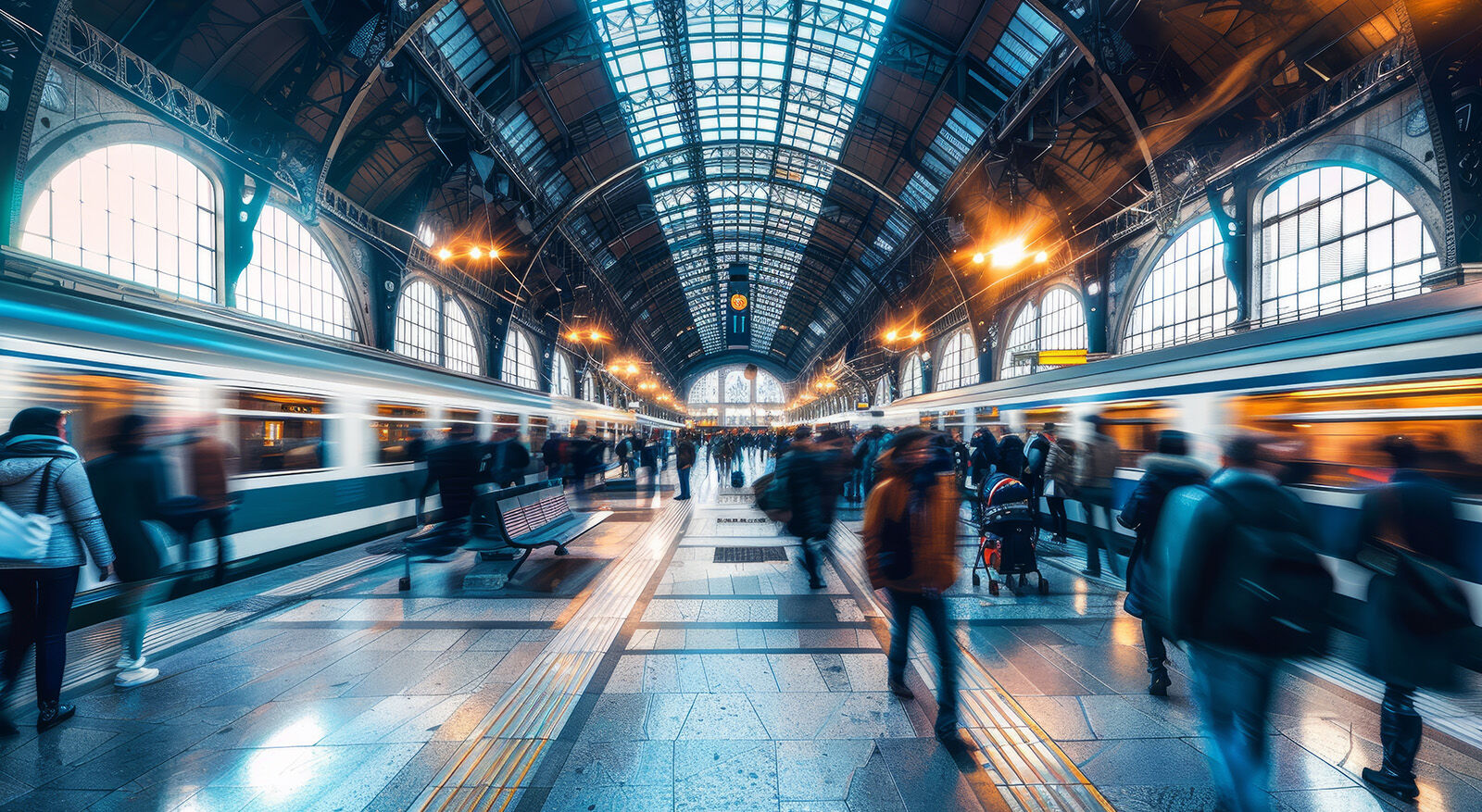 Belebter Bahnhof mit hohen Glasdachb&ouml;gen, Z&uuml;gen auf beiden Seiten und Menschen in Bewegung auf dem Bahnsteig