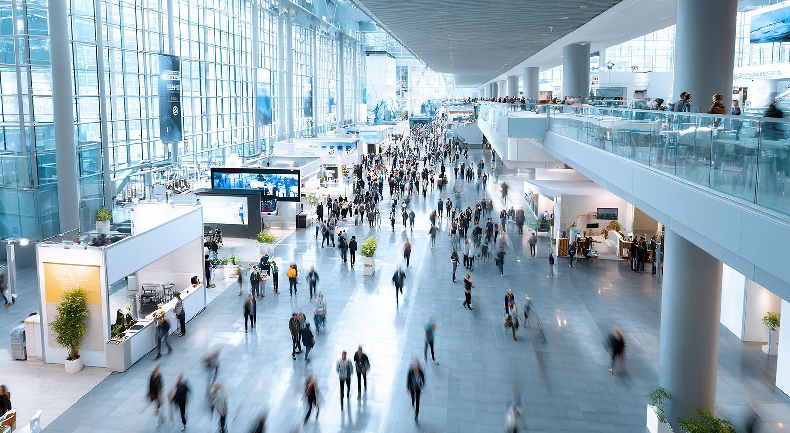 Gro&szlig;e, helle Eingangshalle mit vielen Menschen, Glasgel&auml;ndern und moderner Architektur
