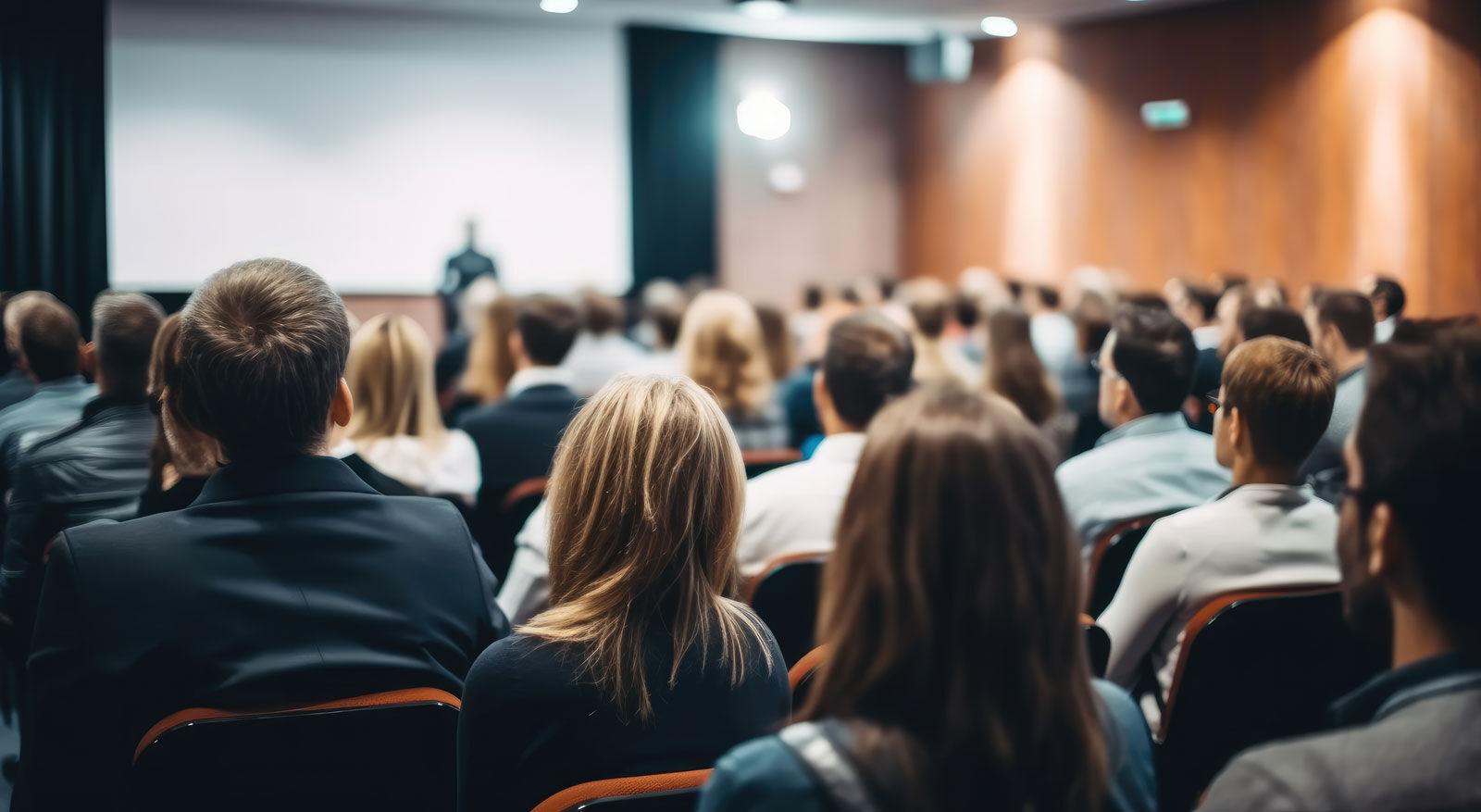 Publikum sitzt in einem Konferenzraum und blickt auf eine B&uuml;hne mit einem Redner im Hintergrund
