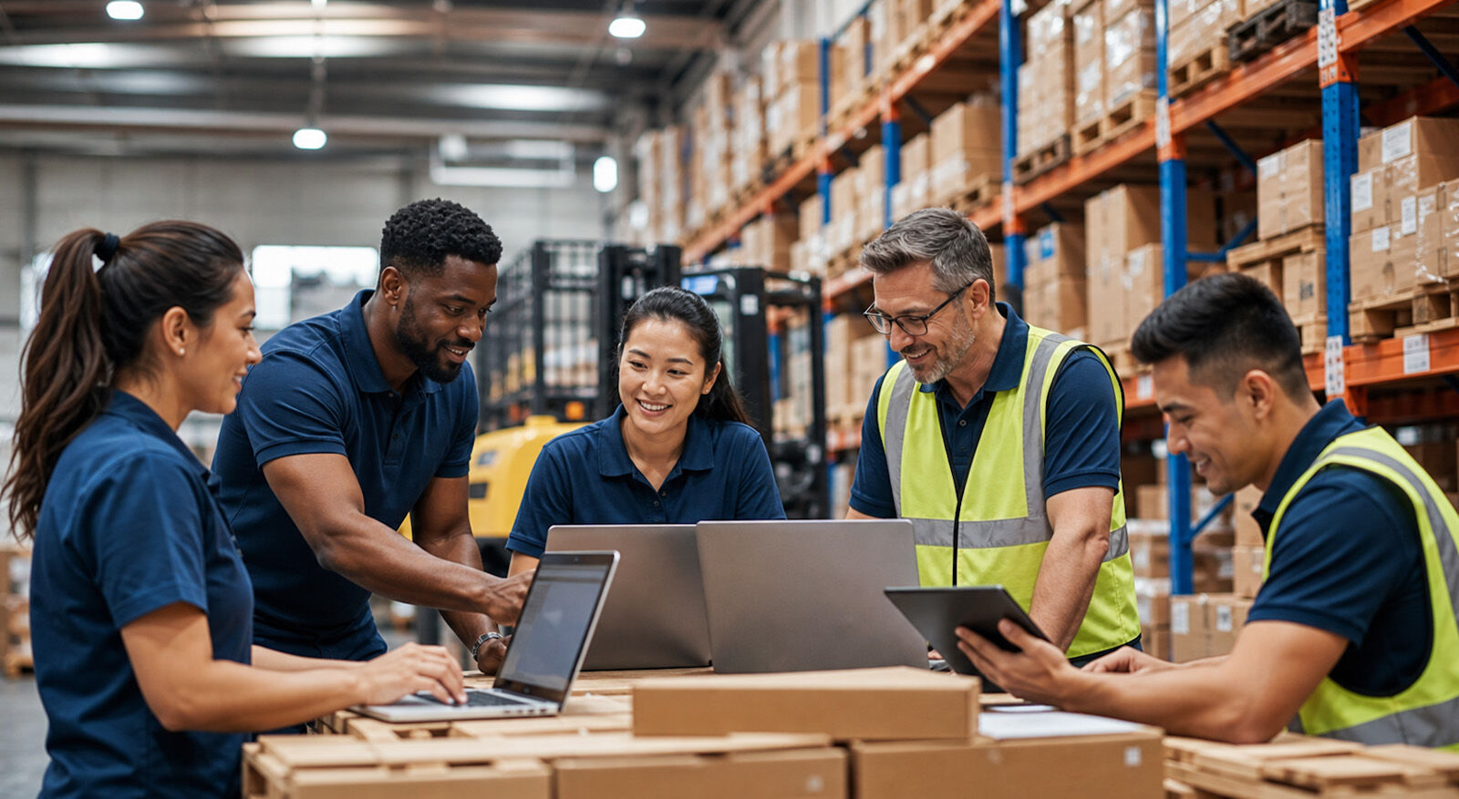 Mehrer Personen stehen in einem Lager und besprechen sich vor Laptops