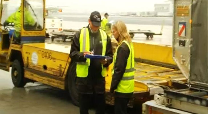 Logistikfachkräfte in Sicherheitswesten an einem Transportfahrzeug auf dem Flughafengelände