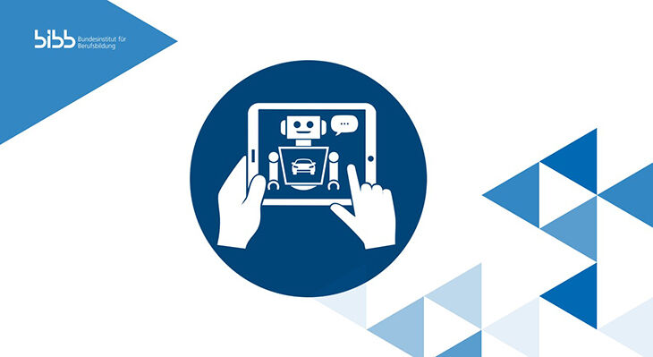 Grafische Darstellung eines Tablets mit einem Chatbot-Symbol und einem Fahrzeug-Icon auf dem Bildschirm. Zwei Hände bedienen das Tablet.