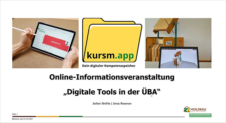 Bild zur Online-Informationsveranstaltung Digitale Tools in der ÜBA mit einem Tablet links, in der Mitte das Logo für die kursm.app in Form eines Ordners und rechts der PRIMO Baukasten